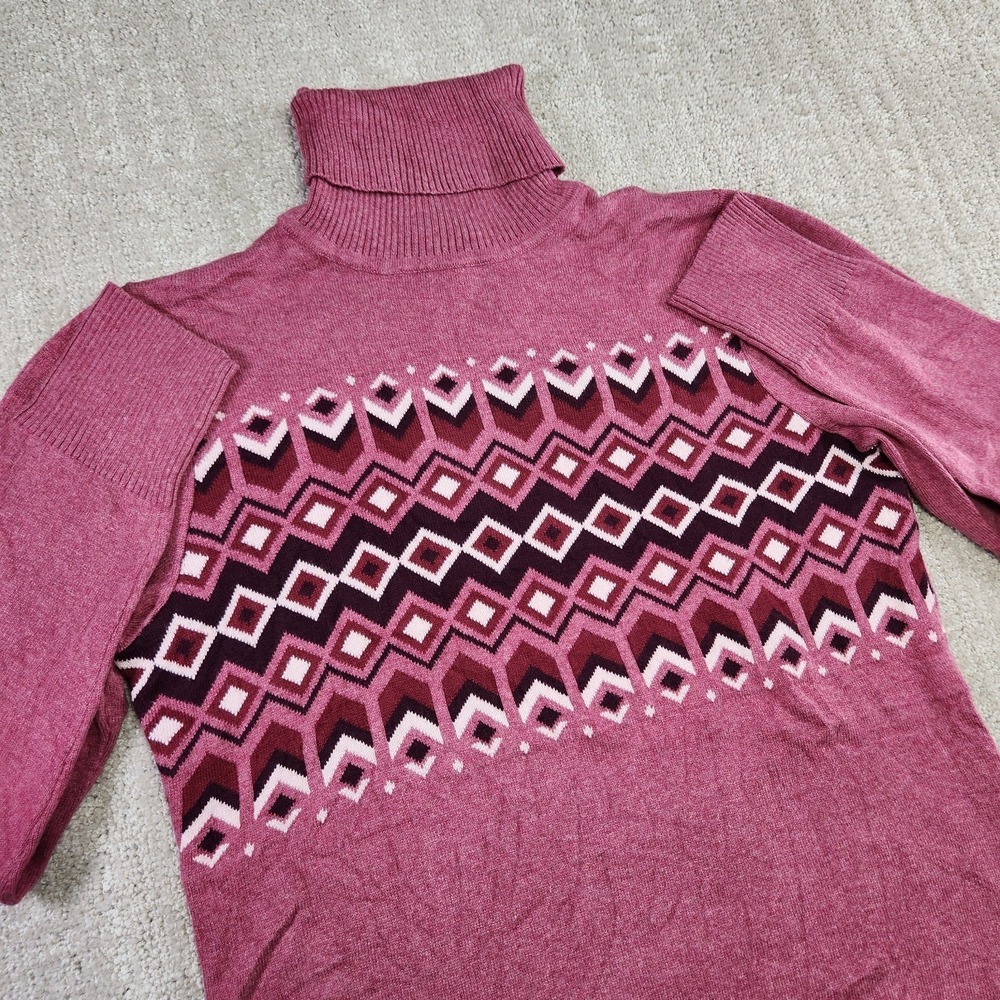 LL Bean Sweater Women Small Cotton Cashmere Blend Turtleneck Fair Isle Knit Pink